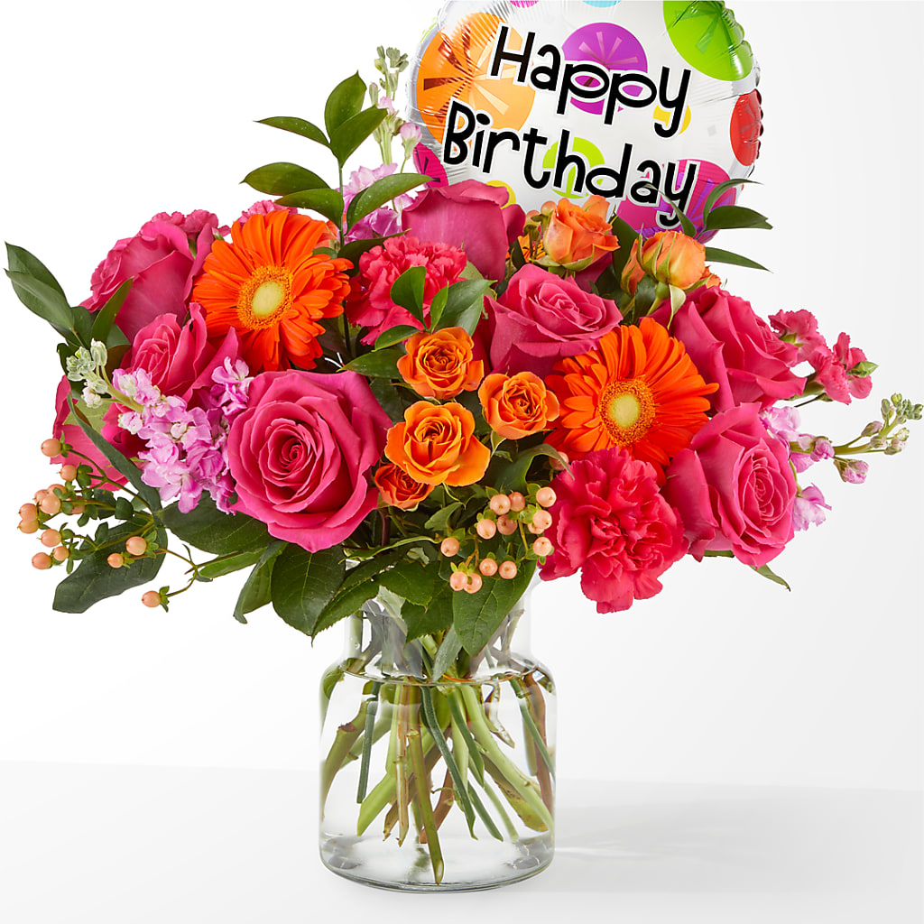 Fiesta Bouquet with Birthday Balloon – The Flower Chef Llc, Cartersville GA