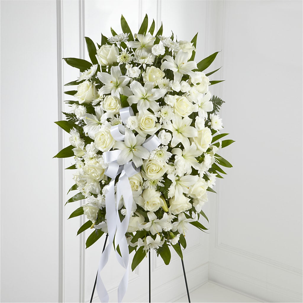 Exquisite Tribute Standing Spray-White Ribbon – The Flower Chef Llc, Cartersville GA