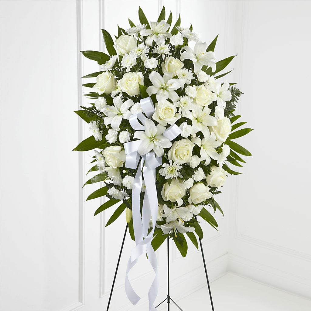 Exquisite Tribute Standing Spray-White Ribbon – The Flower Chef Llc, Cartersville GA